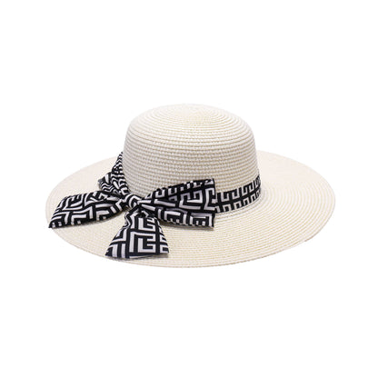 Ladies Sun Hat with Wide Brim and Geometric Pattern Bow