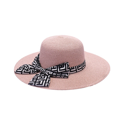 Ladies Sun Hat with Wide Brim and Geometric Pattern Bow