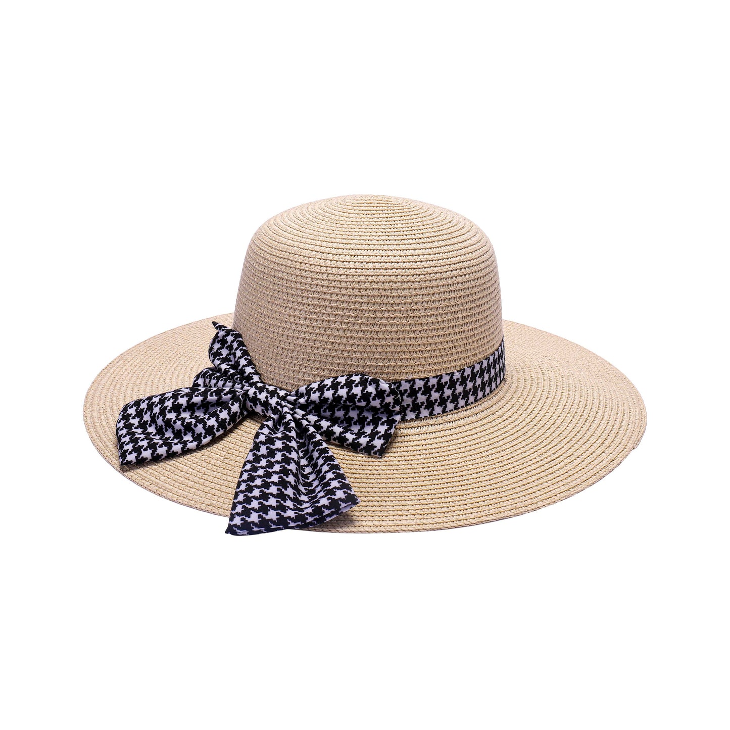 Ladies Sun Hat with Wide Brim and Bold Houndstooth Bow