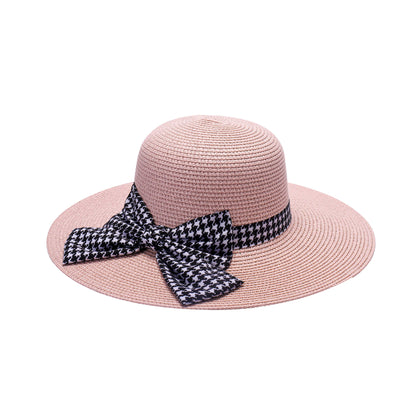 Ladies Sun Hat with Wide Brim and Bold Houndstooth Bow
