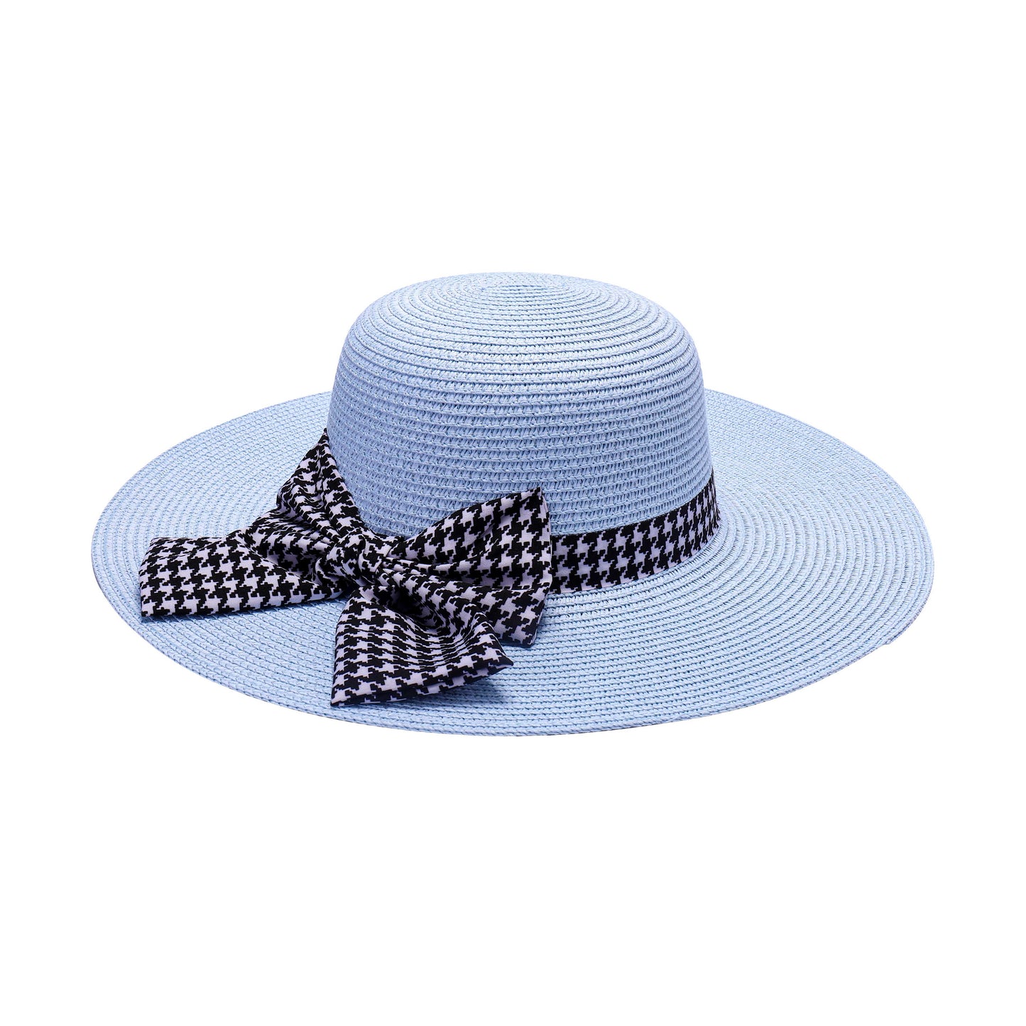 Ladies Sun Hat with Wide Brim and Bold Houndstooth Bow