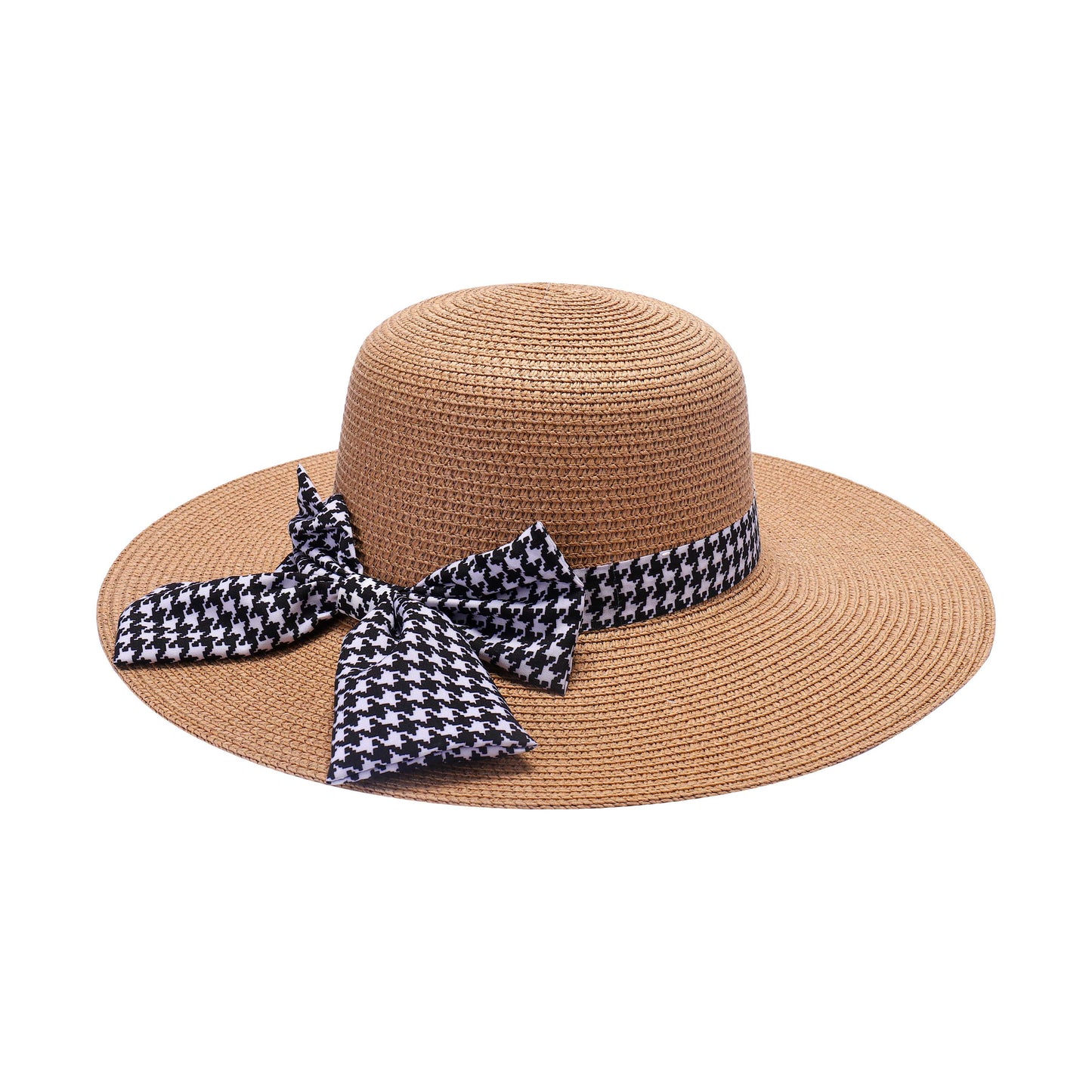 Ladies Sun Hat with Wide Brim and Bold Houndstooth Bow