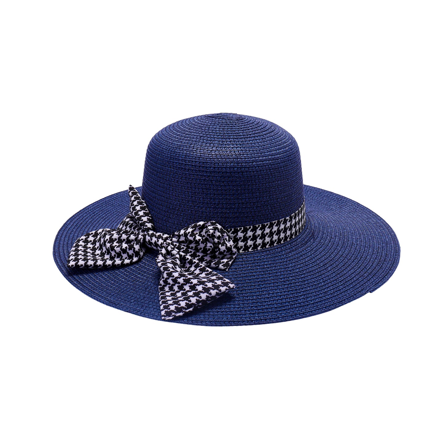 Ladies Sun Hat with Wide Brim and Bold Houndstooth Bow