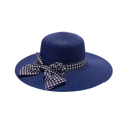 Ladies Sun Hat with Wide Brim and Bold Houndstooth Bow