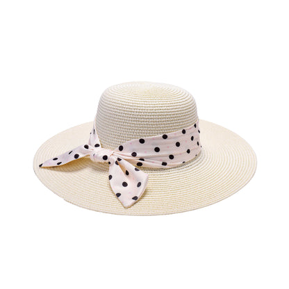 Ladies Sun Hat with Wide Brim and Polka Dot Pattern Bow