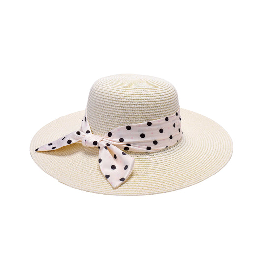 Ladies Sun Hat with Wide Brim and Polka Dot Pattern Bow