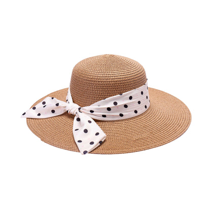 Ladies Sun Hat with Wide Brim and Polka Dot Pattern Bow