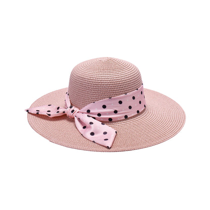 Ladies Sun Hat with Wide Brim and Polka Dot Pattern Bow