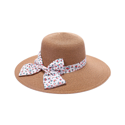 Ladies Sun Hat with Wide Brim and Mini Floral Print Bow