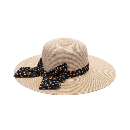 Ladies Sun Hat with Wide Brim and Mini Floral Print Bow