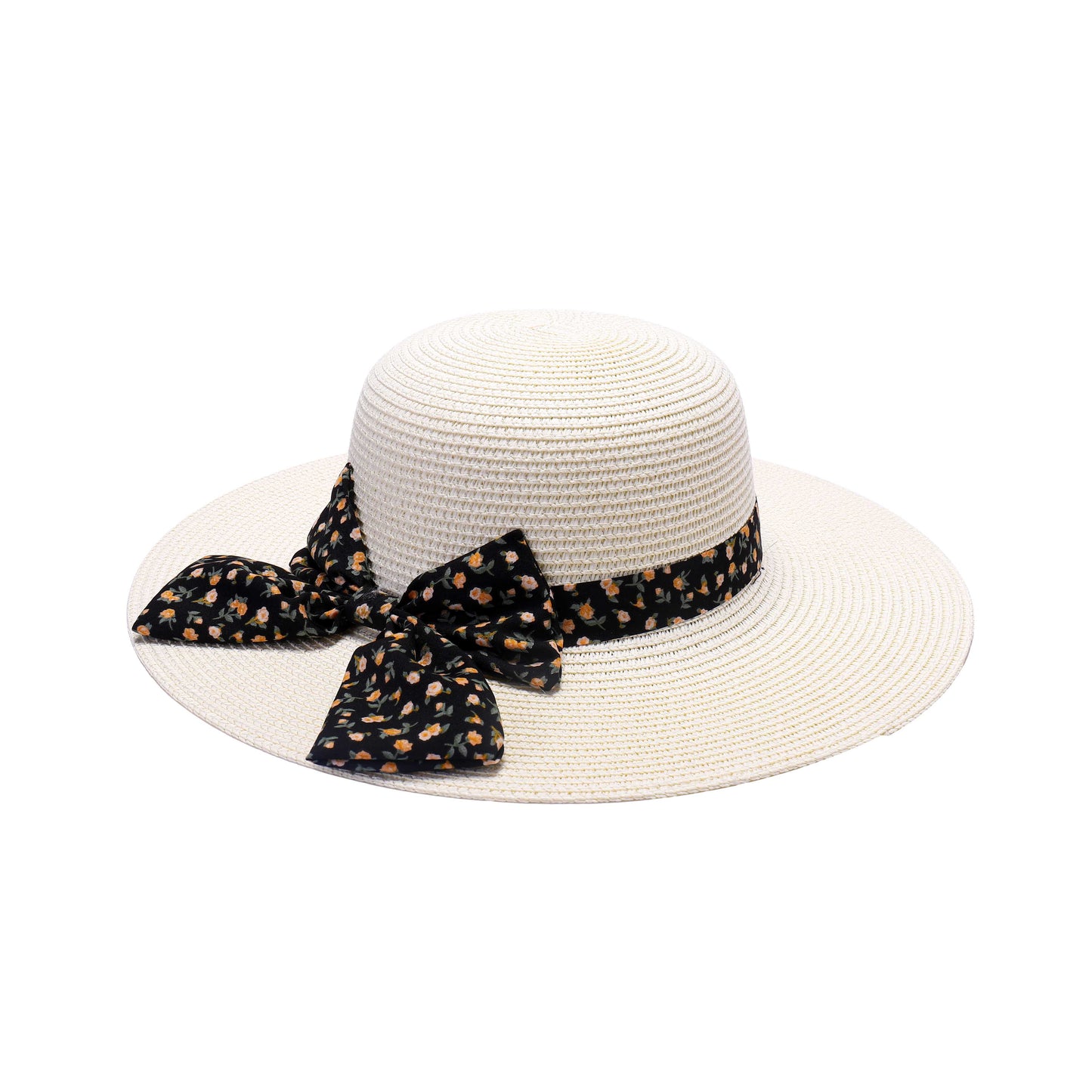 Ladies Sun Hat with Wide Brim and Mini Floral Print Bow