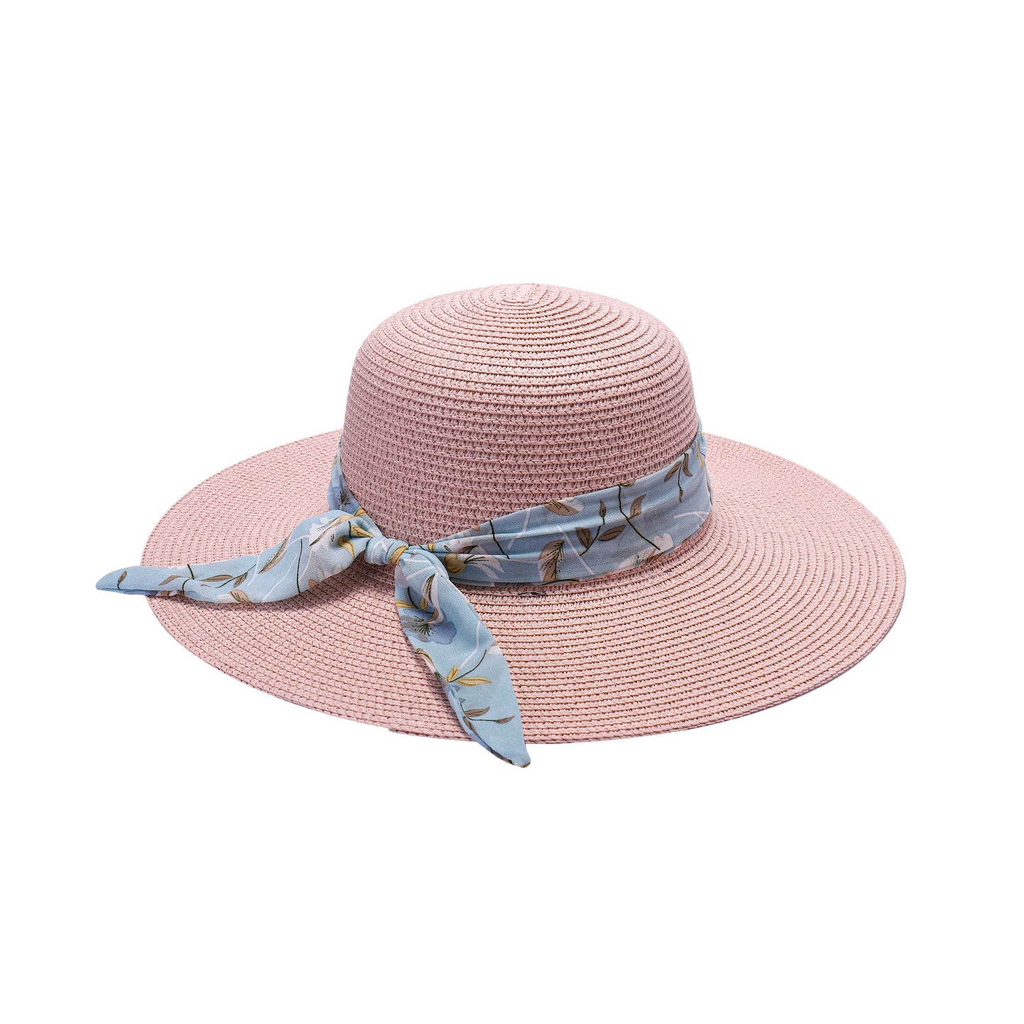 Ladies Sun Hat with Wide Brim and Blue Floral Print Bow