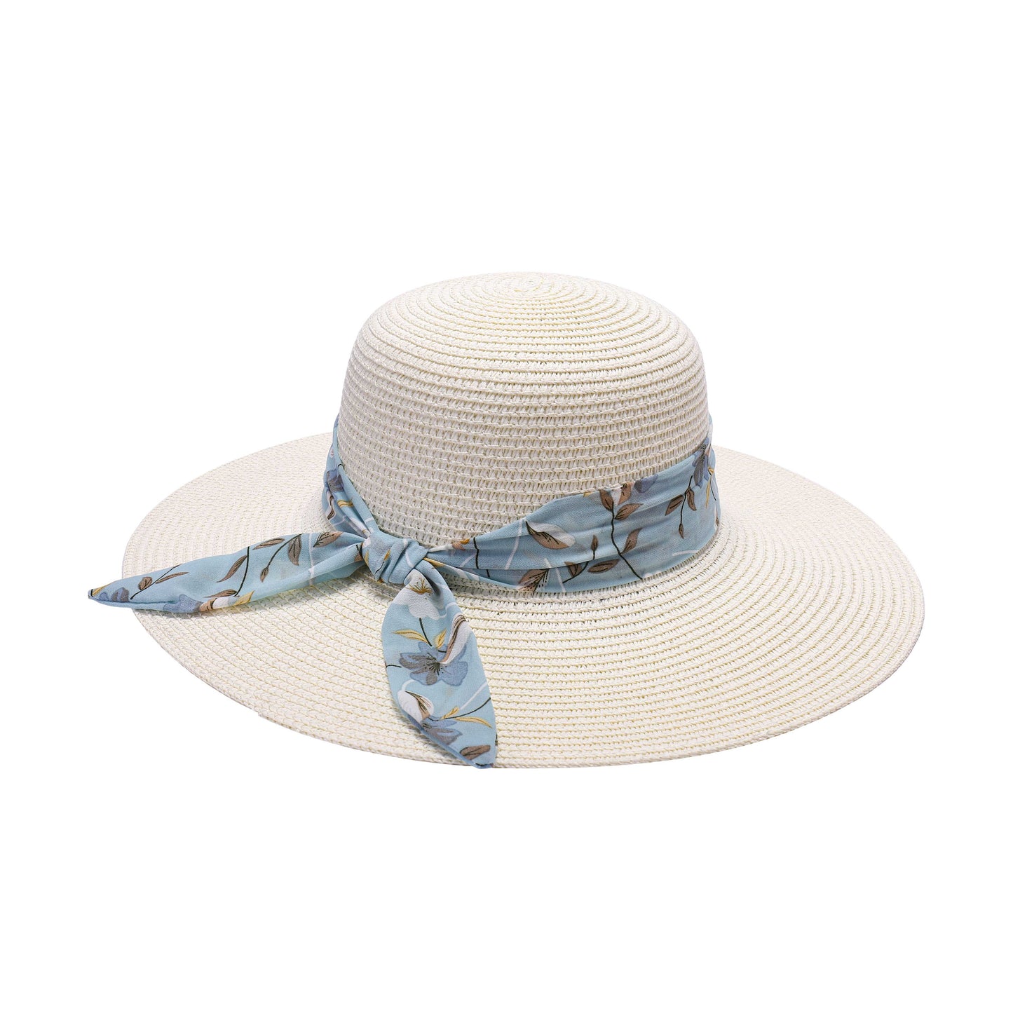 Ladies Sun Hat with Wide Brim and Blue Floral Print Bow