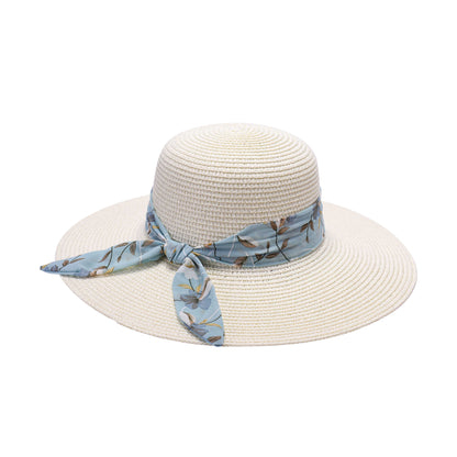 Ladies Sun Hat with Wide Brim and Blue Floral Print Bow