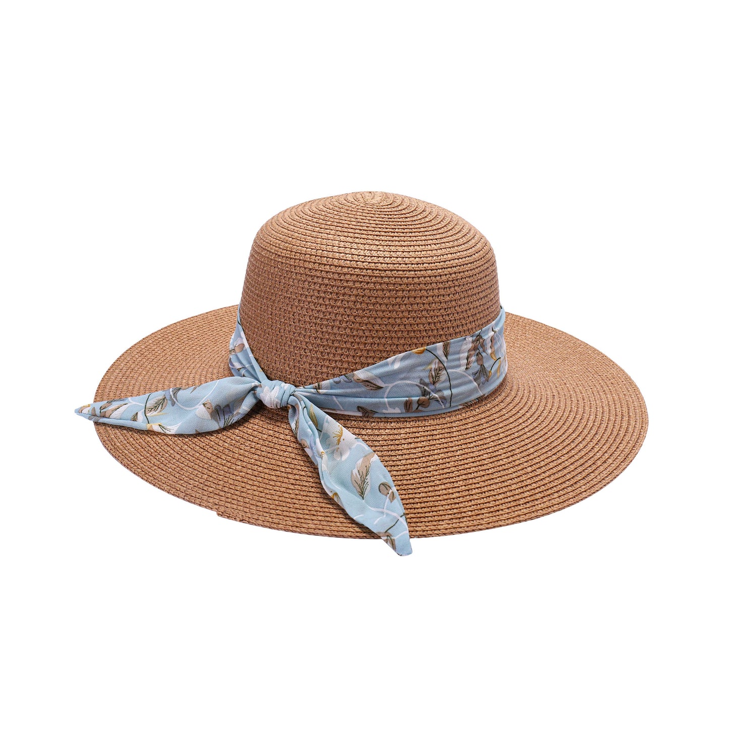 Ladies Sun Hat with Wide Brim and Blue Floral Print Bow
