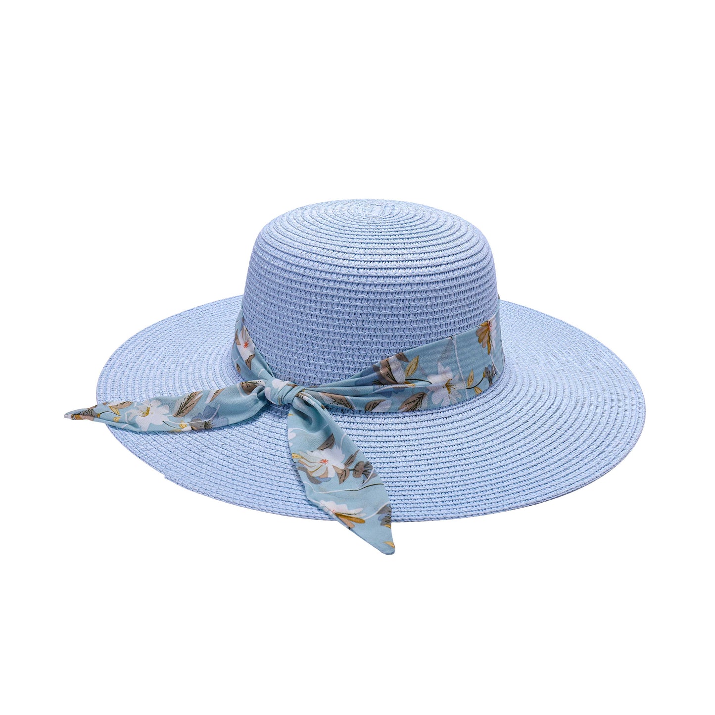 Ladies Sun Hat with Wide Brim and Blue Floral Print Bow