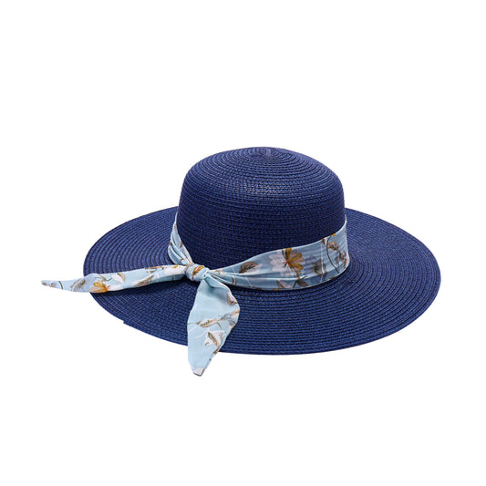 Ladies Sun Hat with Wide Brim and Blue Floral Print Bow