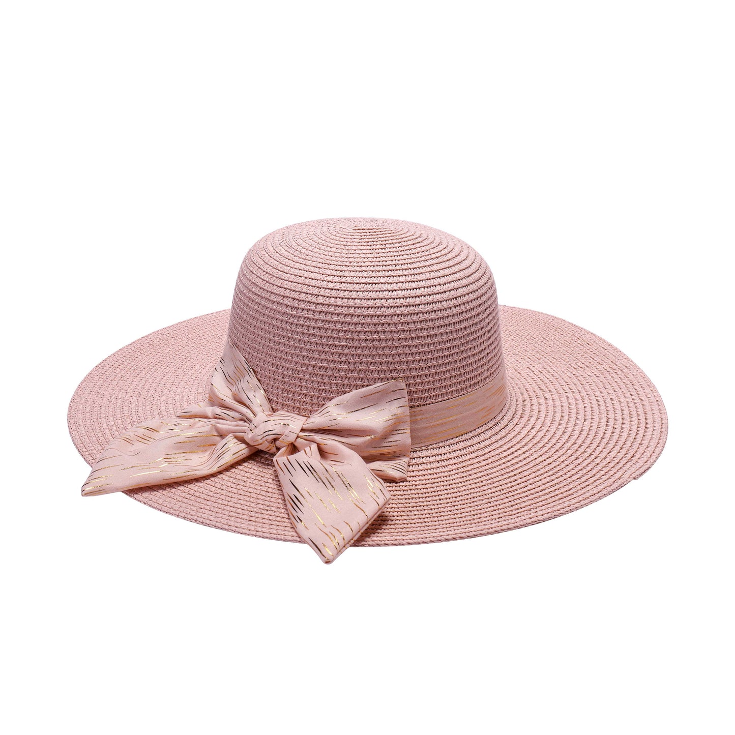 Ladies Sun Hat with Wide Brim and Gold Streaked Bow