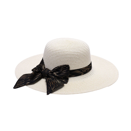 Ladies Sun Hat with Wide Brim and Gold Streaked Bow