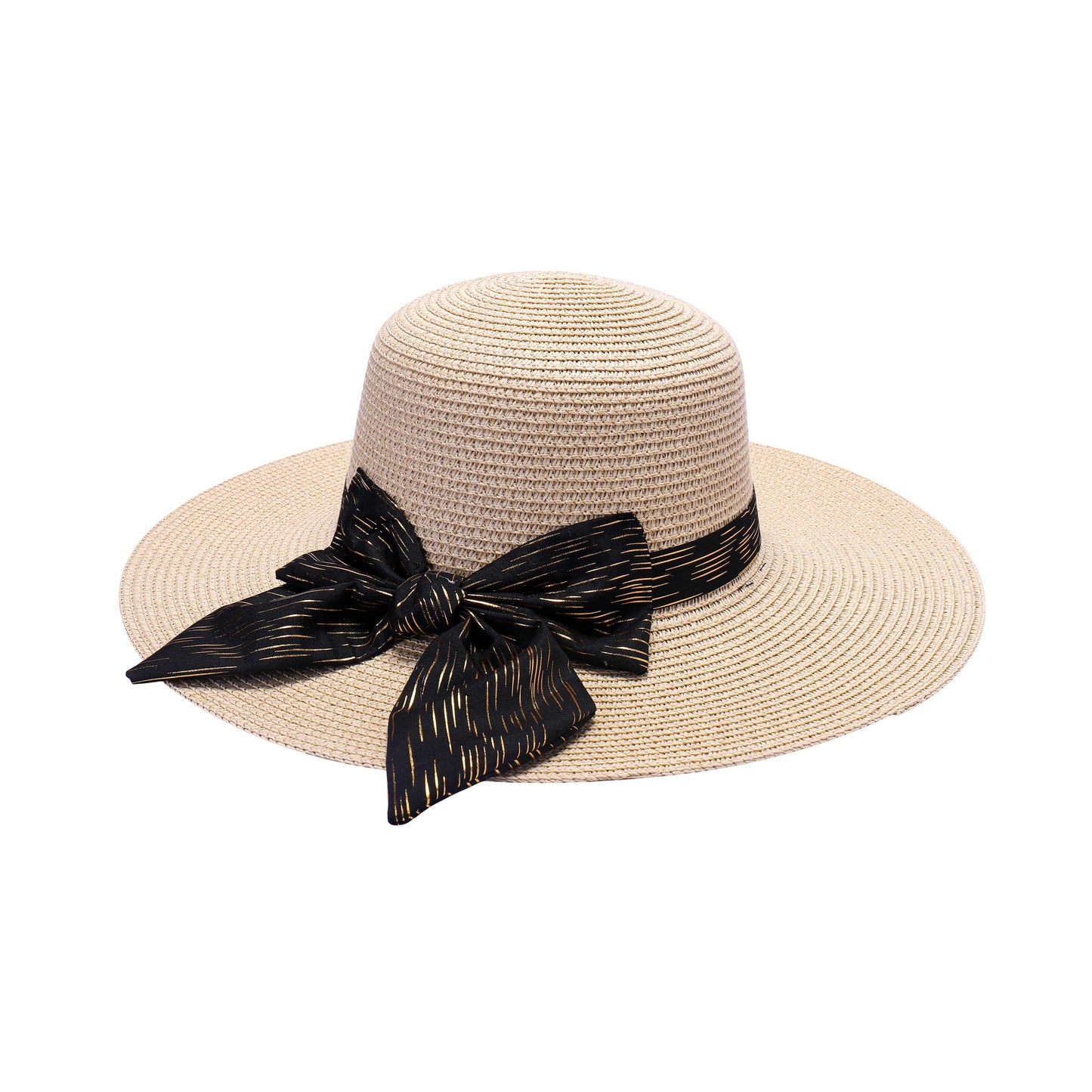 Ladies Sun Hat with Wide Brim and Gold Streaked Bow