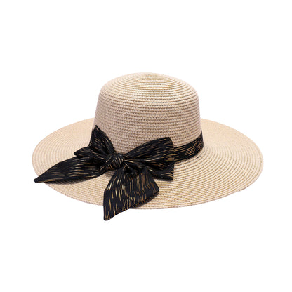 Ladies Sun Hat with Wide Brim and Gold Streaked Bow