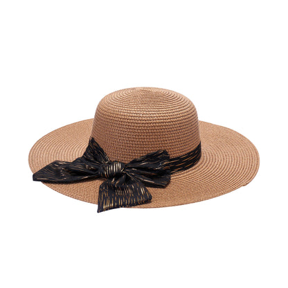 Ladies Sun Hat with Wide Brim and Gold Streaked Bow