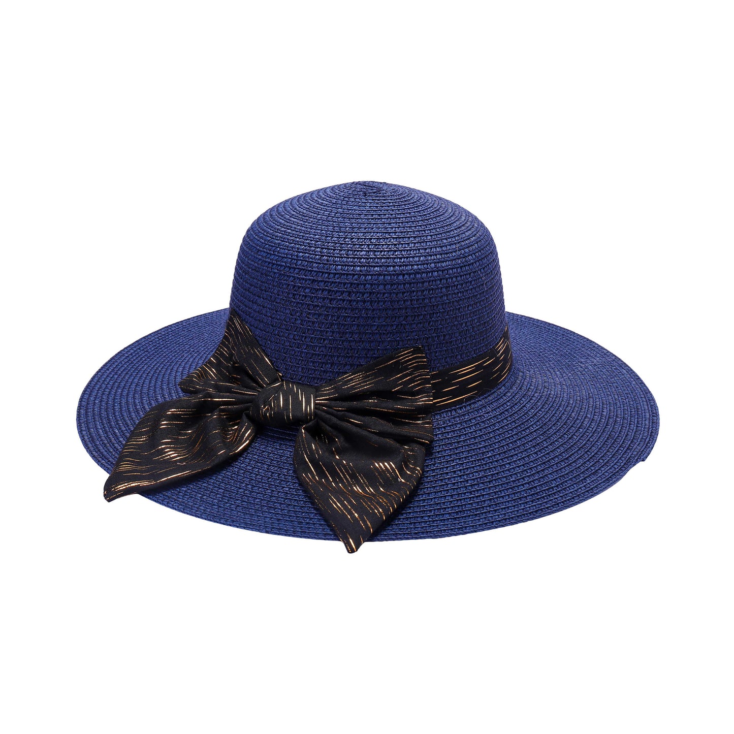 Ladies Sun Hat with Wide Brim and Gold Streaked Bow