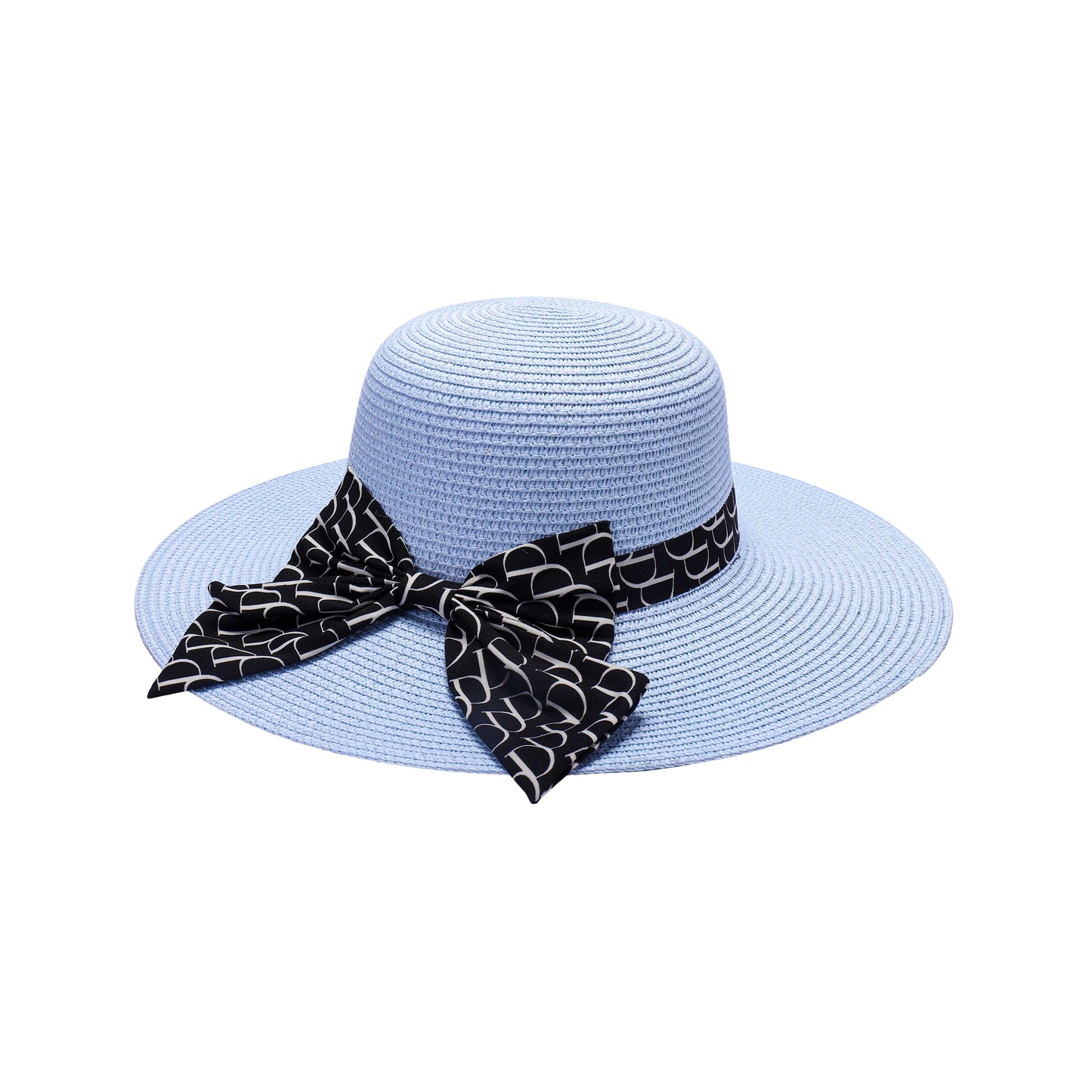 Ladies Wide Brim Straw Sun Hat with Monogram-Patterned Bow
