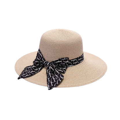 Ladies Wide Brim Straw Sun Hat with Monogram-Patterned Bow