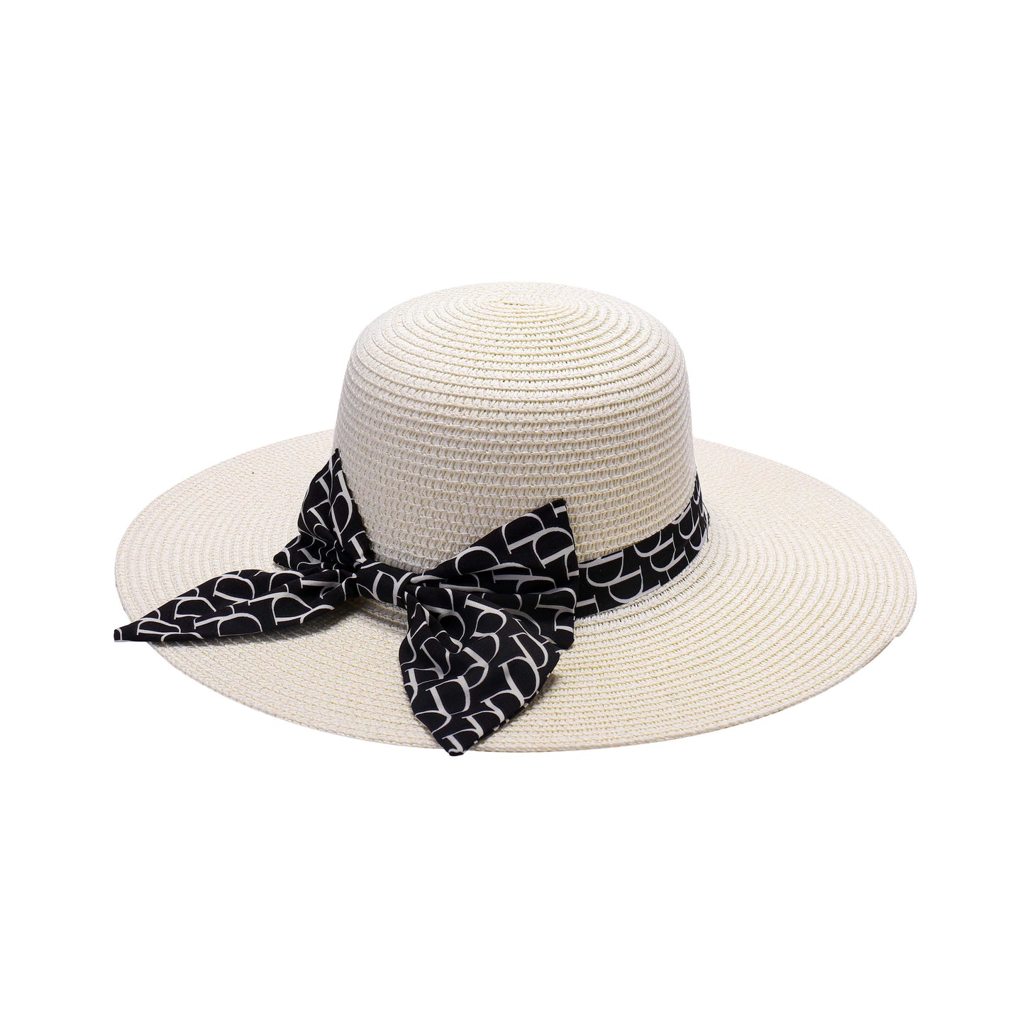 Ladies Wide Brim Straw Sun Hat with Monogram-Patterned Bow