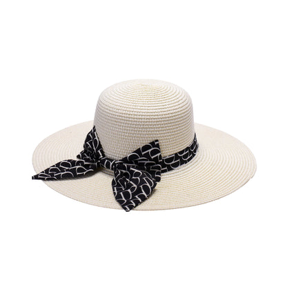 Ladies Wide Brim Straw Sun Hat with Monogram-Patterned Bow