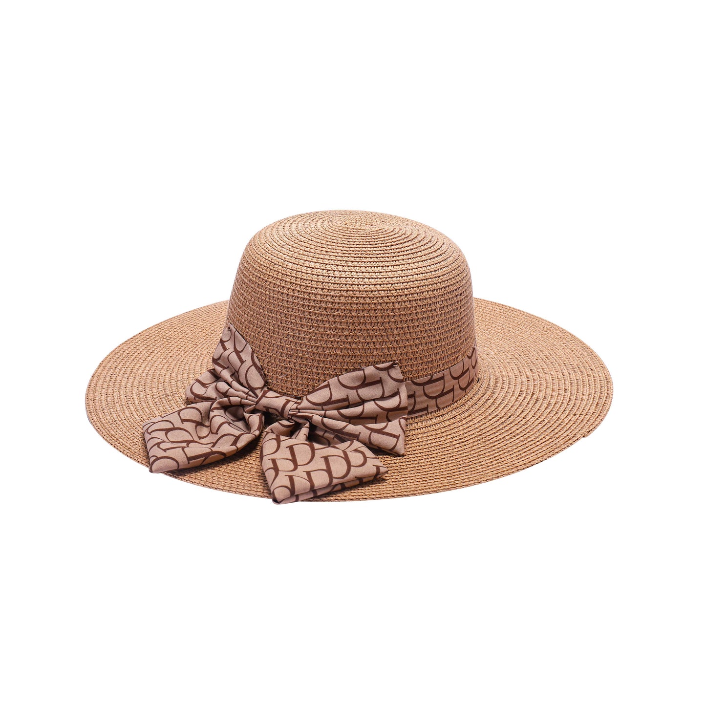 Ladies Wide Brim Straw Sun Hat with Monogram-Patterned Bow