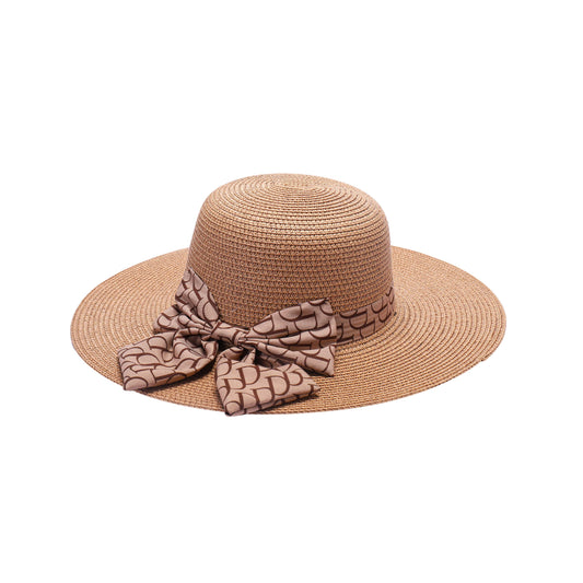Ladies Wide Brim Straw Sun Hat with Monogram-Patterned Bow