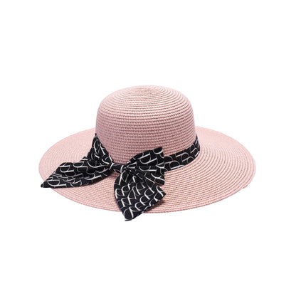Ladies Wide Brim Straw Sun Hat with Monogram-Patterned Bow