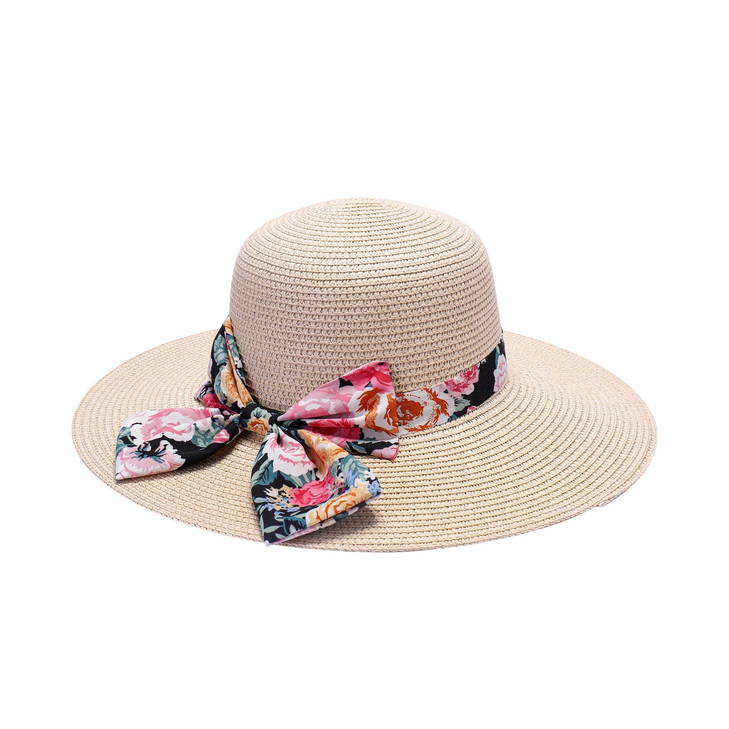 Ladies Sun Hat with Wide Brim and Mega Floral Print Bow