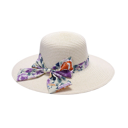 Ladies Sun Hat with Wide Brim and Mega Floral Print Bow