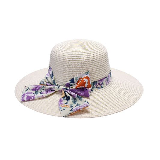 Ladies Sun Hat with Wide Brim and Mega Floral Print Bow
