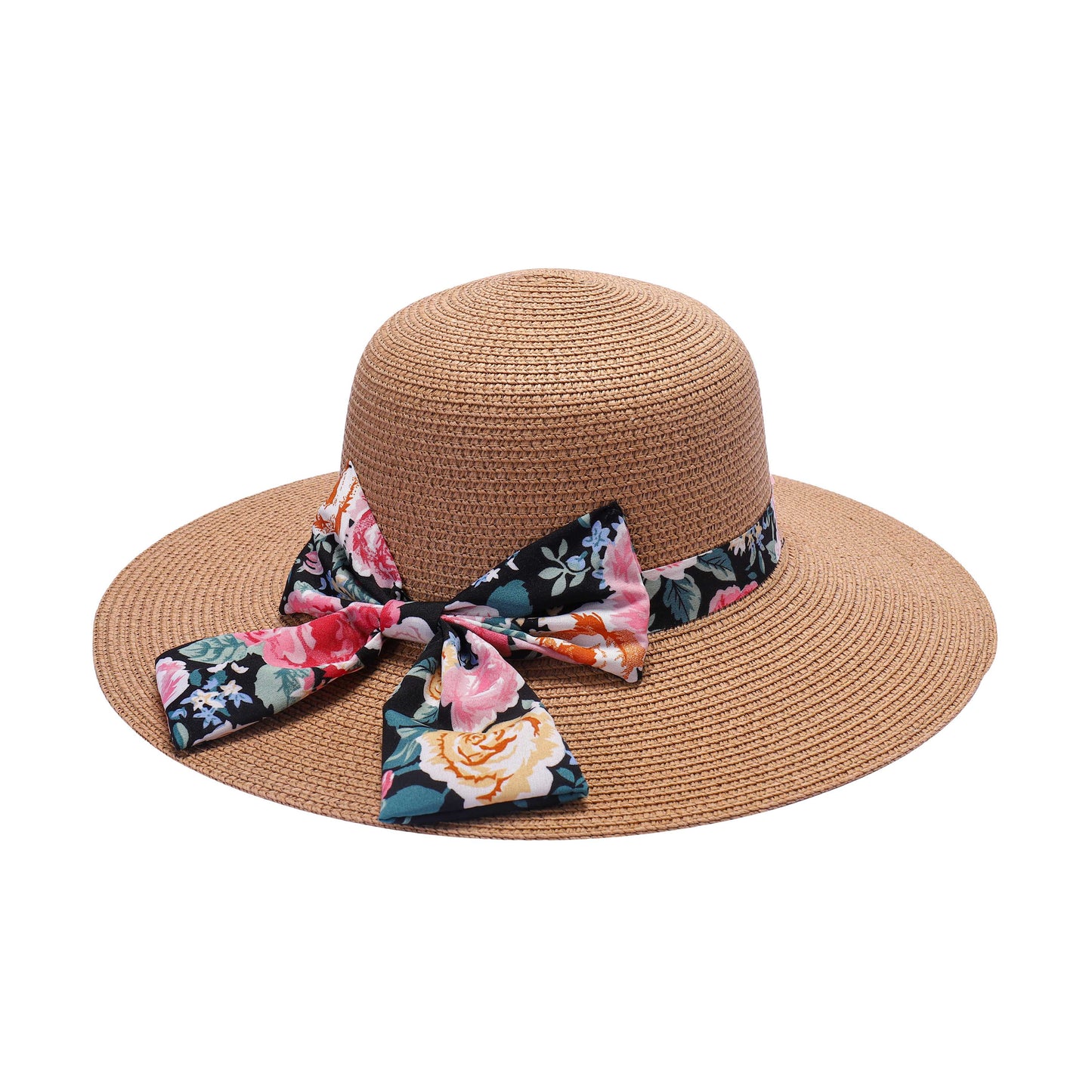 Ladies Sun Hat with Wide Brim and Mega Floral Print Bow