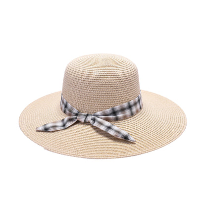 Ladies Sun Hat with Wide Brim and Plaid Ribbon Bow