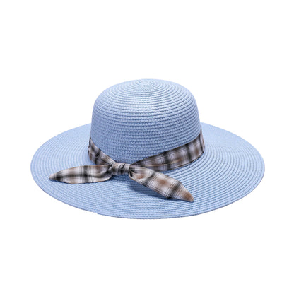Ladies Sun Hat with Wide Brim and Plaid Ribbon Bow