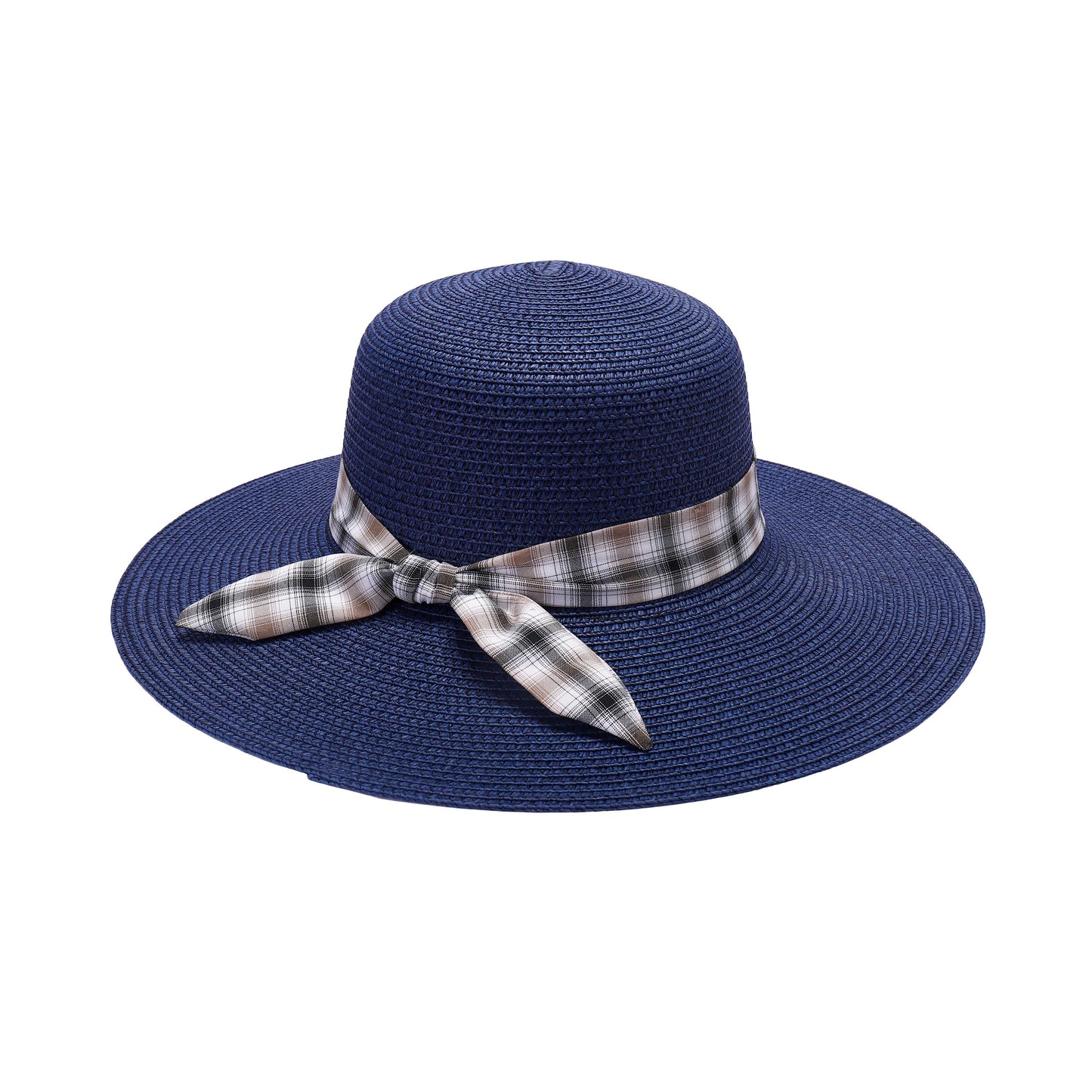 Ladies Sun Hat with Wide Brim and Plaid Ribbon Bow