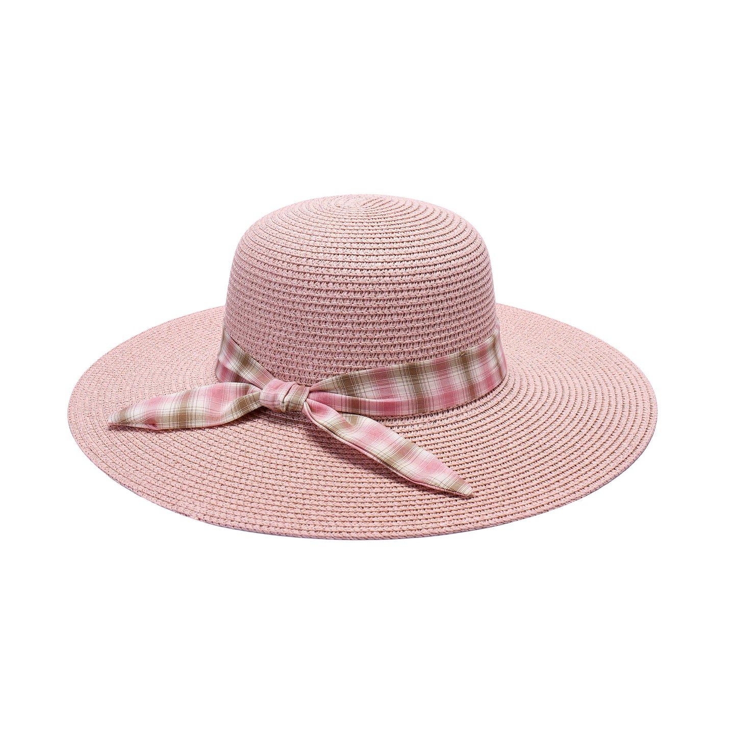 Ladies Sun Hat with Wide Brim and Plaid Ribbon Bow