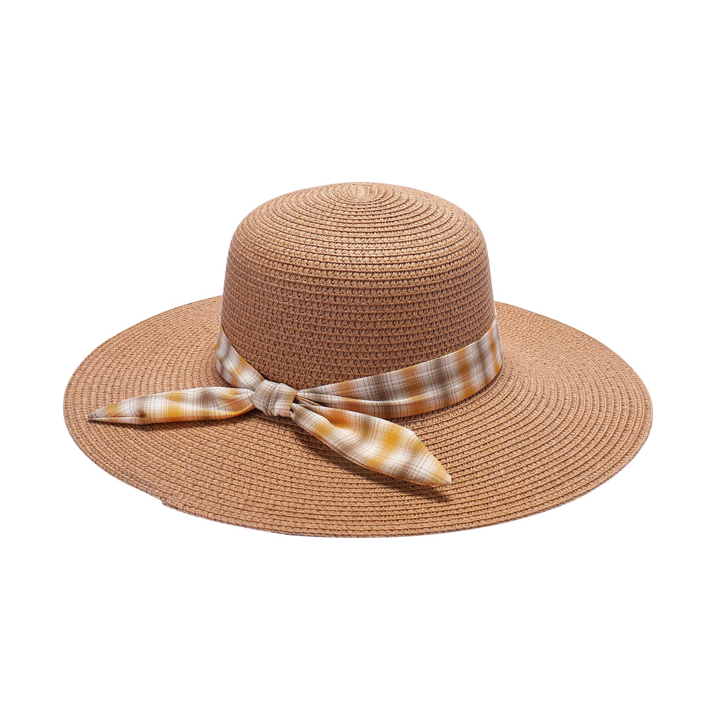 Ladies Sun Hat with Wide Brim and Plaid Ribbon Bow