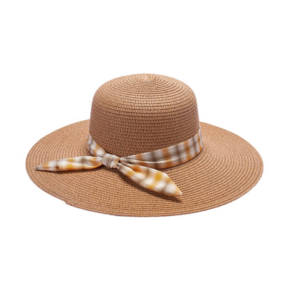 Ladies Sun Hat with Wide Brim and Plaid Ribbon Bow