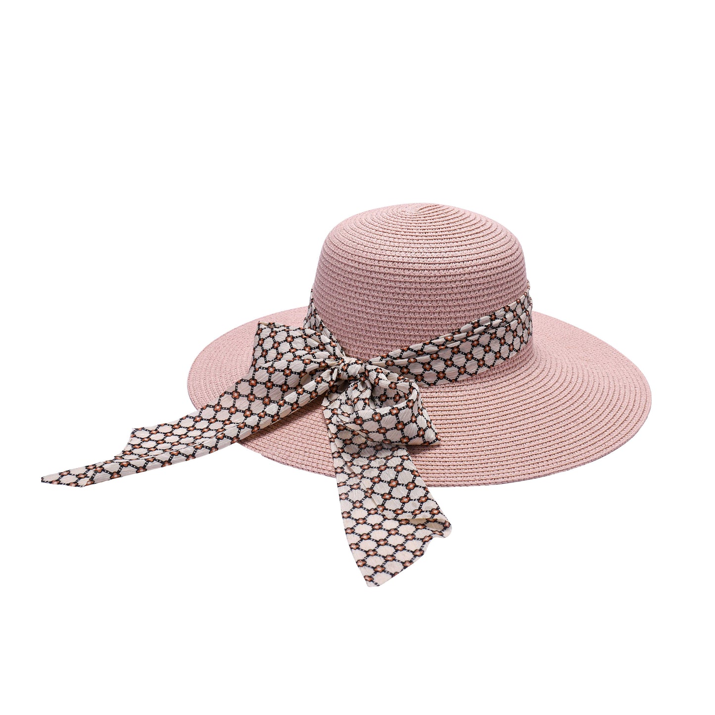 Ladies Sun Hat with Wide Brim and Geometric Pattern Bow