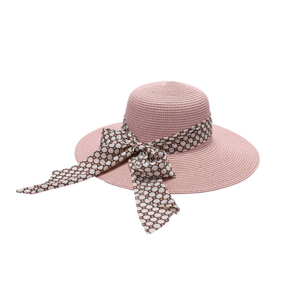 Ladies Sun Hat with Wide Brim and Geometric Pattern Bow