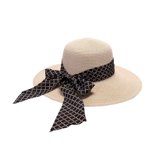 Ladies Sun Hat with Wide Brim and Geometric Pattern Bow