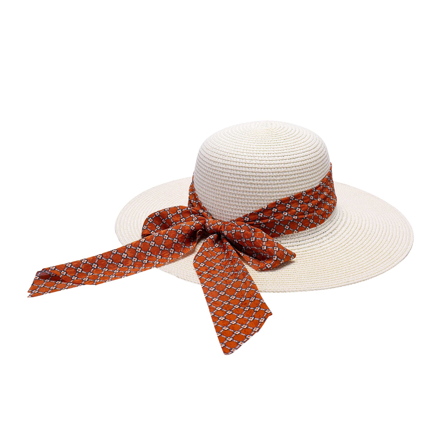 Ladies Sun Hat with Wide Brim and Geometric Pattern Bow