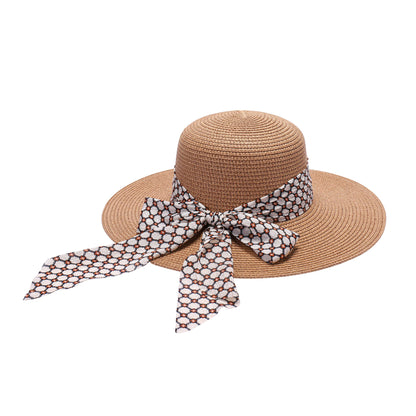 Ladies Sun Hat with Wide Brim and Geometric Pattern Bow