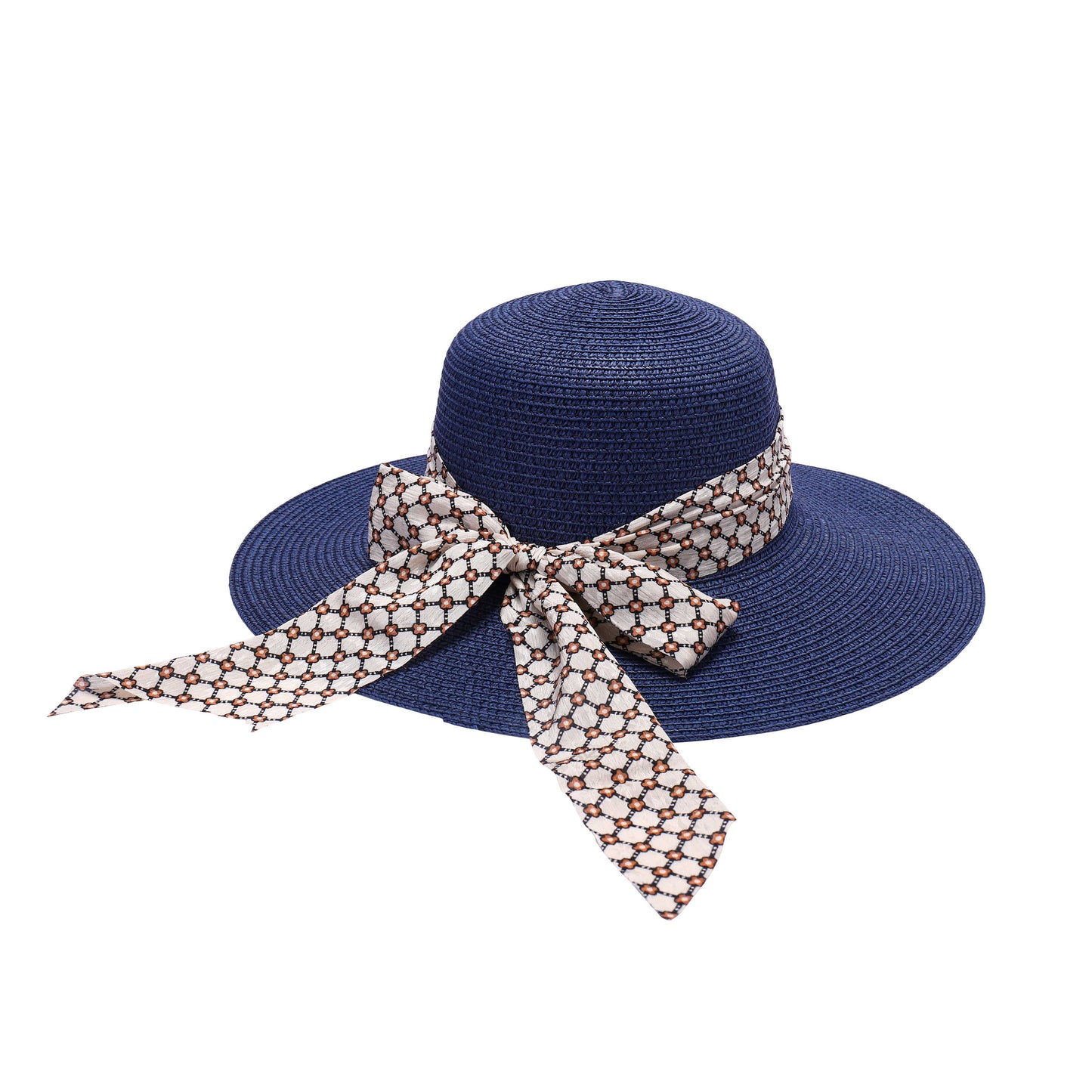 Ladies Sun Hat with Wide Brim and Geometric Pattern Bow